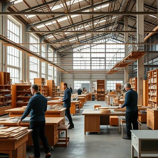 Bilde av Nordiske Hjem sin møbelfabrikk i Bergen, med ansatte i arbeid.