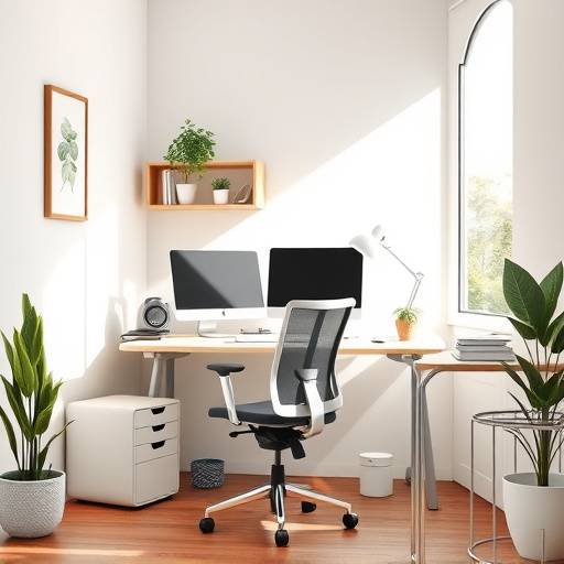 Hjørnekontor med ergonomisk stol og justerbart skrivebord, designet for hjemmekontor.