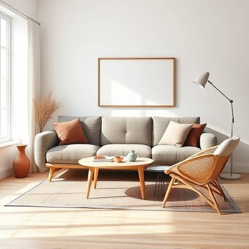 Moderne stue med sofa i ullstoff og minimalistisk design, designet av Nordiske Hjem.