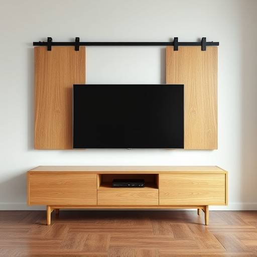TV-benk i eik med skyvedører og minimalistisk design